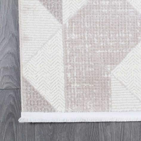 Hayal 66573-095 Krem Modern Gri Geometrik Şekilli Saçaklı Salon Halısı - 5