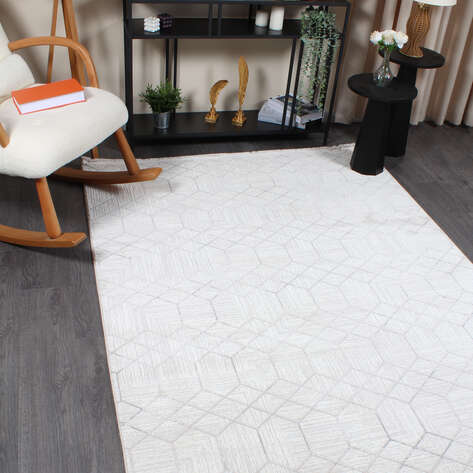 Hayal 66575-095 Krem Modern Gri Geometrik Şekilli Saçaklı Salon Halısı - 2