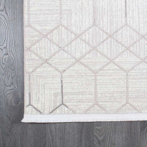 Hayal 66575-095 Krem Modern Gri Geometrik Şekilli Saçaklı Salon Halısı - 5