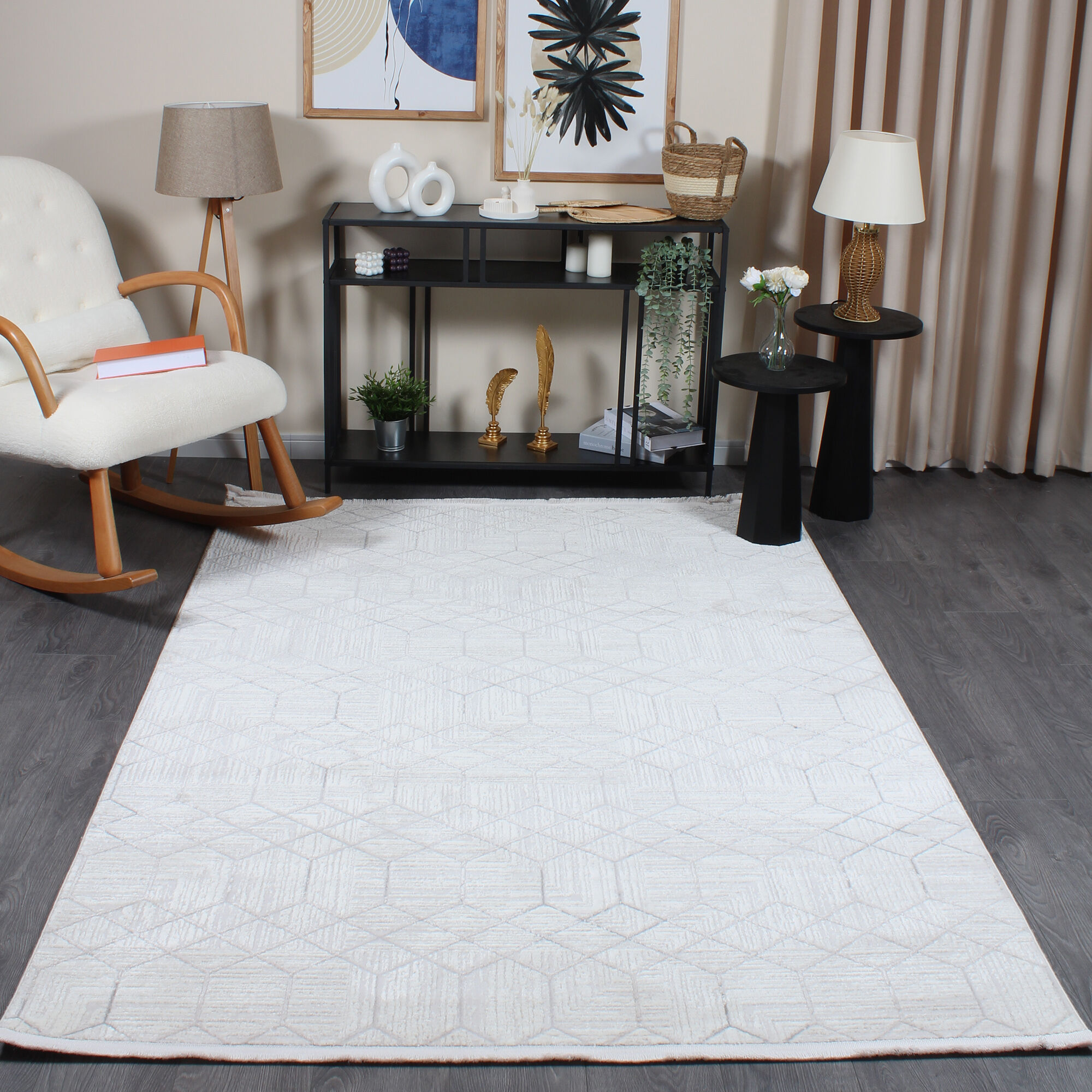 Hayal 66575-095 Krem Modern Gri Geometrik Şekilli Saçaklı Salon Halısı