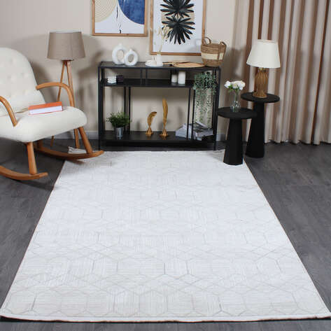 Hayal 66575-095 Krem Modern Gri Geometrik Şekilli Saçaklı Salon Halısı - 1