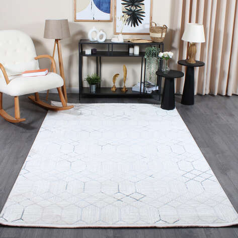 Hayal 66575-30 Krem Modern Mavi Geometrik Şekilli Saçaklı Salon Halısı - 1