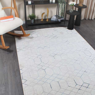 Hayal 66575-30 Krem Modern Mavi Geometrik Şekilli Saçaklı Salon Halısı (2)