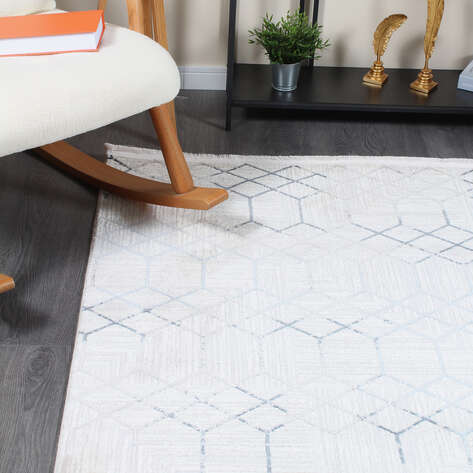 Hayal 66575-30 Krem Modern Mavi Geometrik Şekilli Saçaklı Salon Halısı - 3