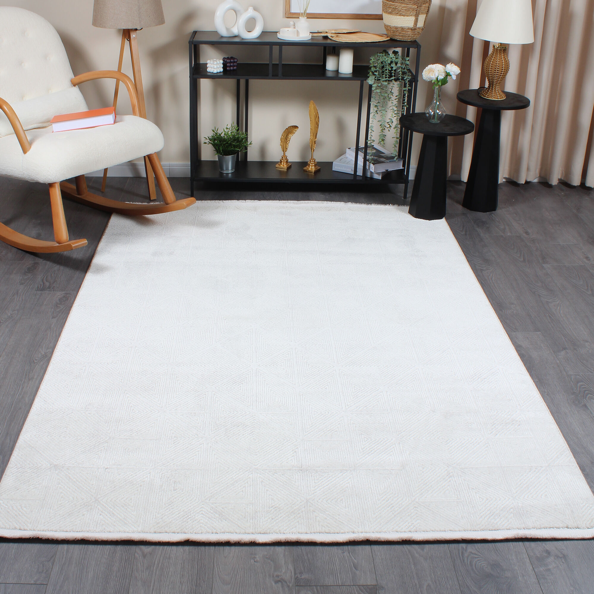 Hayal 66580 Krem Modern Gri Geometrik Şekilli Saçaklı Salon Halısı
