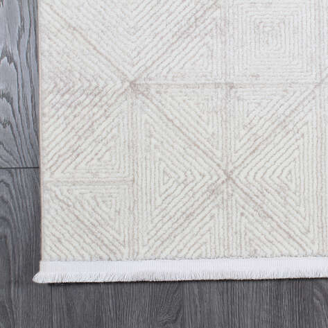 Hayal 66580 Krem Modern Gri Geometrik Şekilli Saçaklı Salon Halısı - 4
