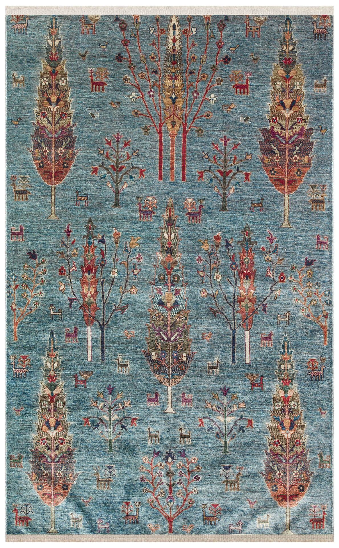 Hayat Ağacı Desenli Makinede Yıkanabilir Kaymaz Tabanlı Kilim Halı Antik 09 Mavi