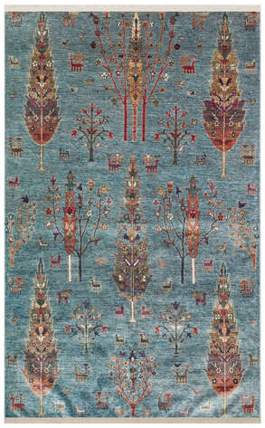 Hayat Ağacı Desenli Makinede Yıkanabilir Kaymaz Tabanlı Kilim Halı Antik 09 Mavi - 1