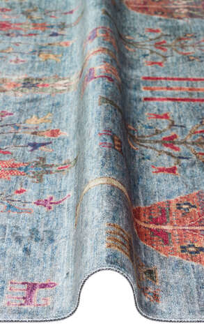 Hayat Ağacı Desenli Makinede Yıkanabilir Kaymaz Tabanlı Kilim Halı Antik 09 Mavi - 2