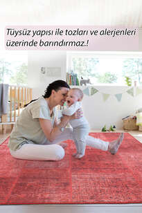 Patchwork Desenli Dokuma Taban Dekoratif Kırmızı Halı HS 164 (7)
