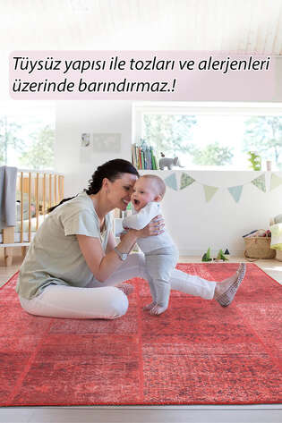 Patchwork Desenli Dokuma Taban Dekoratif Kırmızı Halı HS 164 - 7