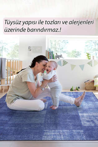 Patchwork Desenli Dokuma Taban Dekoratif Lacivert Halı HS 63 - 7