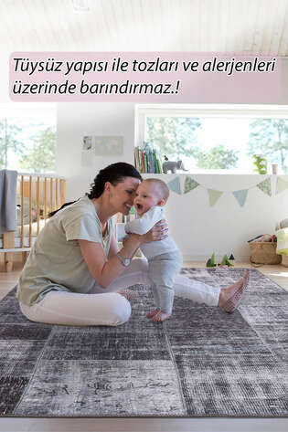 Patchwork Desenli Dokuma Taban Dekoratif Siyah Halı HS 81 - 8