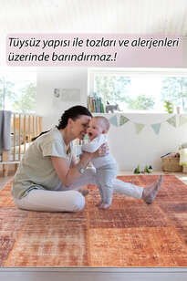 Patchwork Desenli Dokuma Taban Dekoratif Turuncu Halı HS 62 (7)