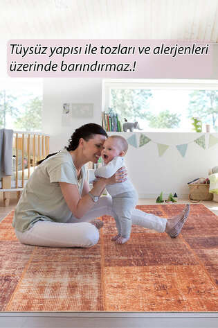 Patchwork Desenli Dokuma Taban Dekoratif Turuncu Halı HS 62 - 7
