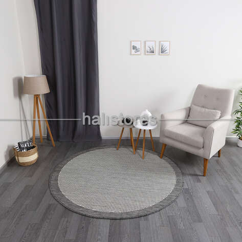 Jüt Sisal Yuvarlak Gri Kolay Temizlenen Hav ve Toz Vermeyen İç ve Dış Mekan Bordürlü Halı 9213 - 3