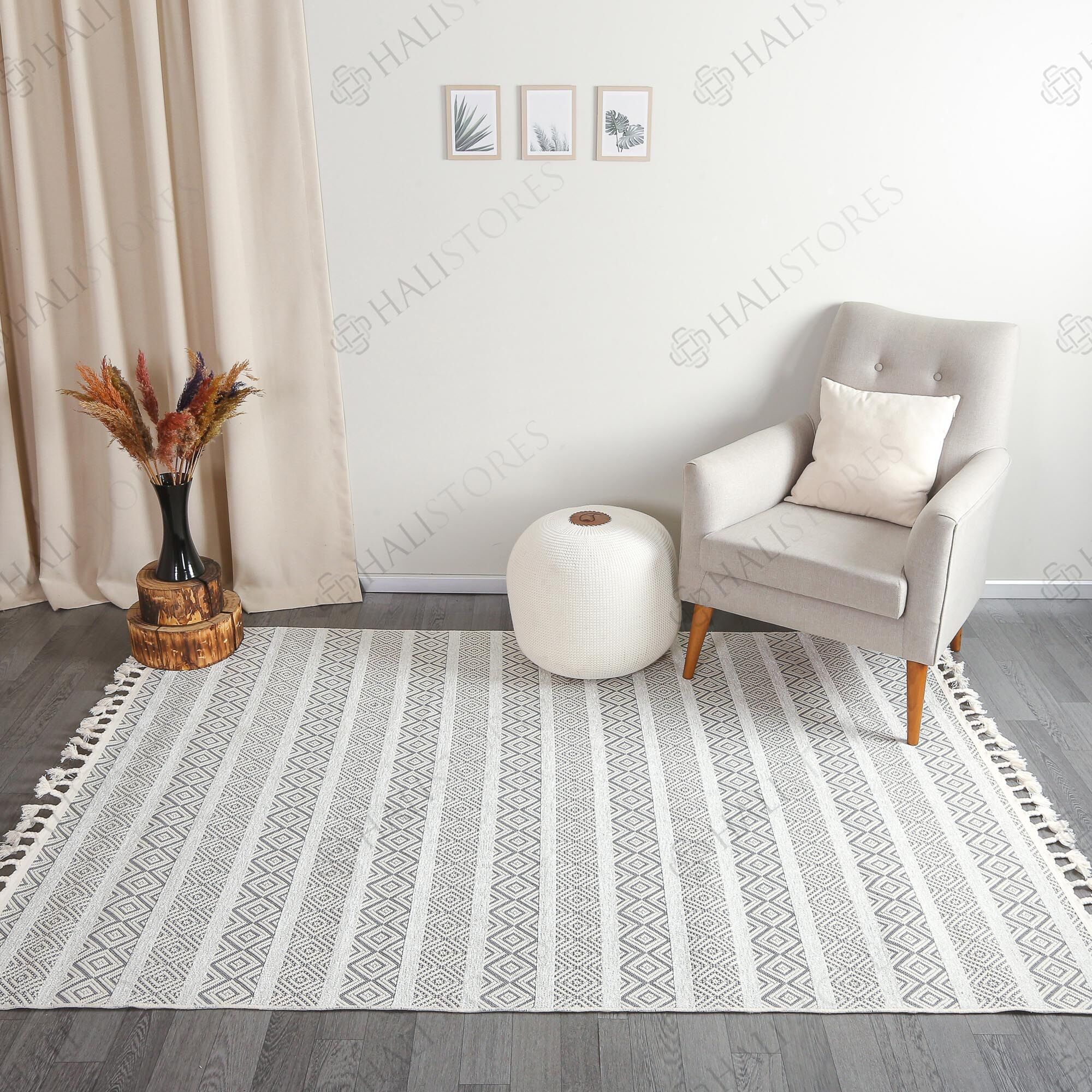 Kabartma Dokulu Şönil Dokuma Modern Kilim Beyaz 6601