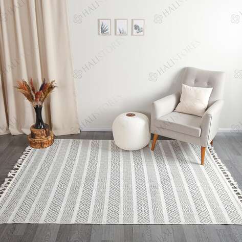 Kabartma Dokulu Şönil Dokuma Modern Kilim Beyaz 6601 - 1
