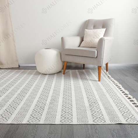 Kabartma Dokulu Şönil Dokuma Modern Kilim Beyaz 6601 - 3