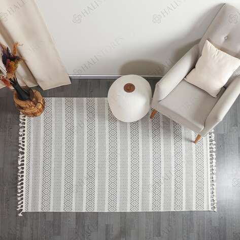 Kabartma Dokulu Şönil Dokuma Modern Kilim Beyaz 6601 - 2