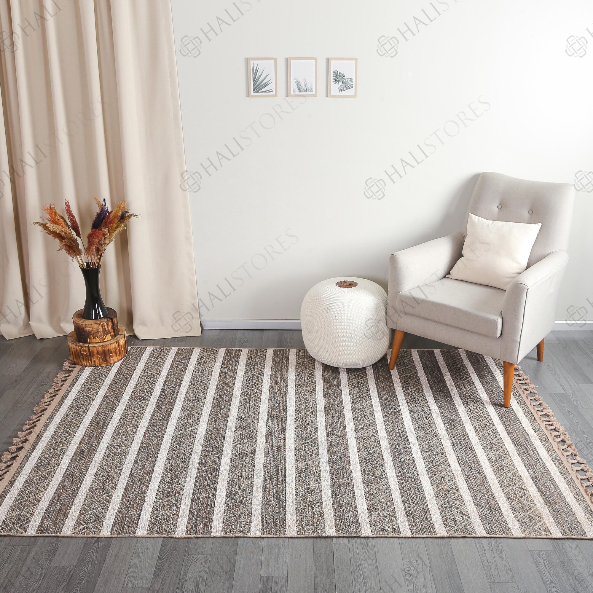 Kabartma Dokulu Şönil Dokuma Modern Kilim Kahve Bej 6604