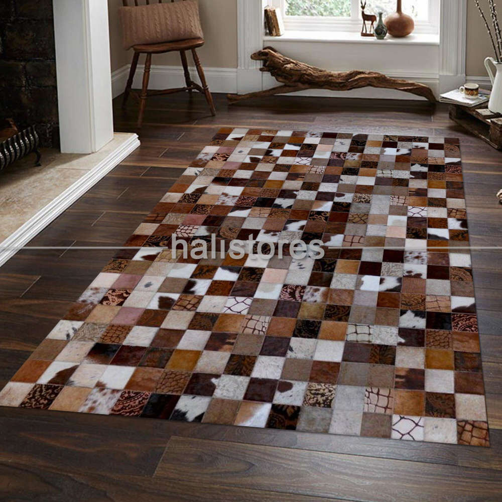 Kahve Deri Patchwork Halı