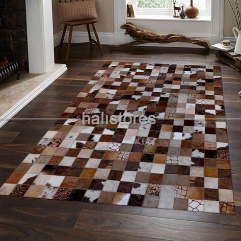 Kahve Deri Patchwork Halı - 1
