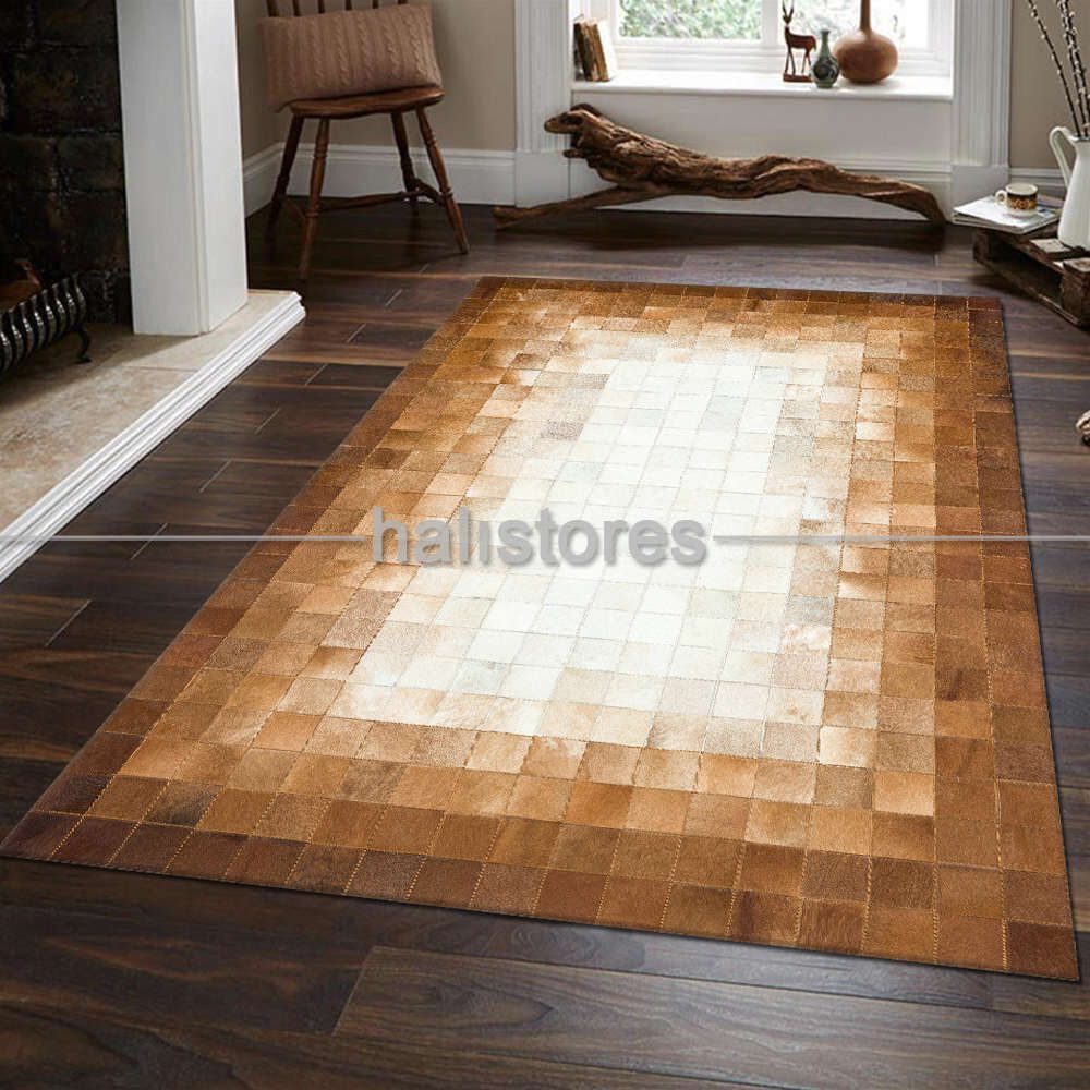 Kahve-Krem Geçişli Deri Patchwork Halı