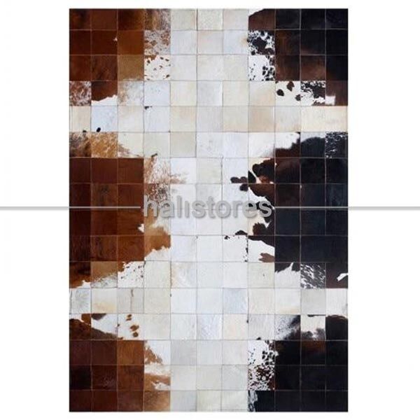 Kahve-Krem Tonlarında Geçişli Deri Patchwork Halı