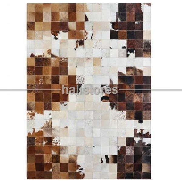 Kahve Tonlarında Krem Geçişli Deri Patchwork Halı