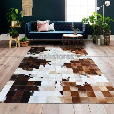 Kahve Tonlarında Krem Geçişli Deri Patchwork Halı - 2