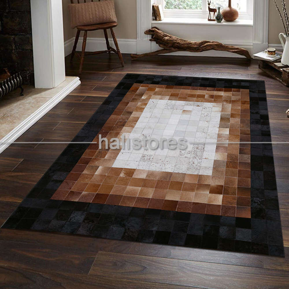 Koyu Kahve-Krem Deri Patchwork Halı