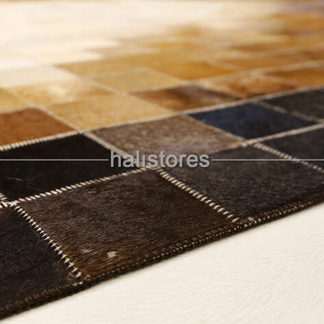 Koyu Kahve-Krem Geçişli Deri Patchwork Halı - 4