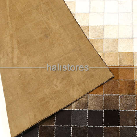 Koyu Kahve-Krem Geçişli Deri Patchwork Halı - 5