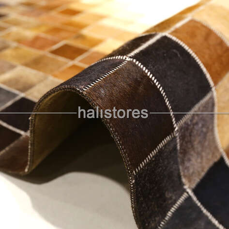 Koyu Kahve-Krem Geçişli Deri Patchwork Halı - 3