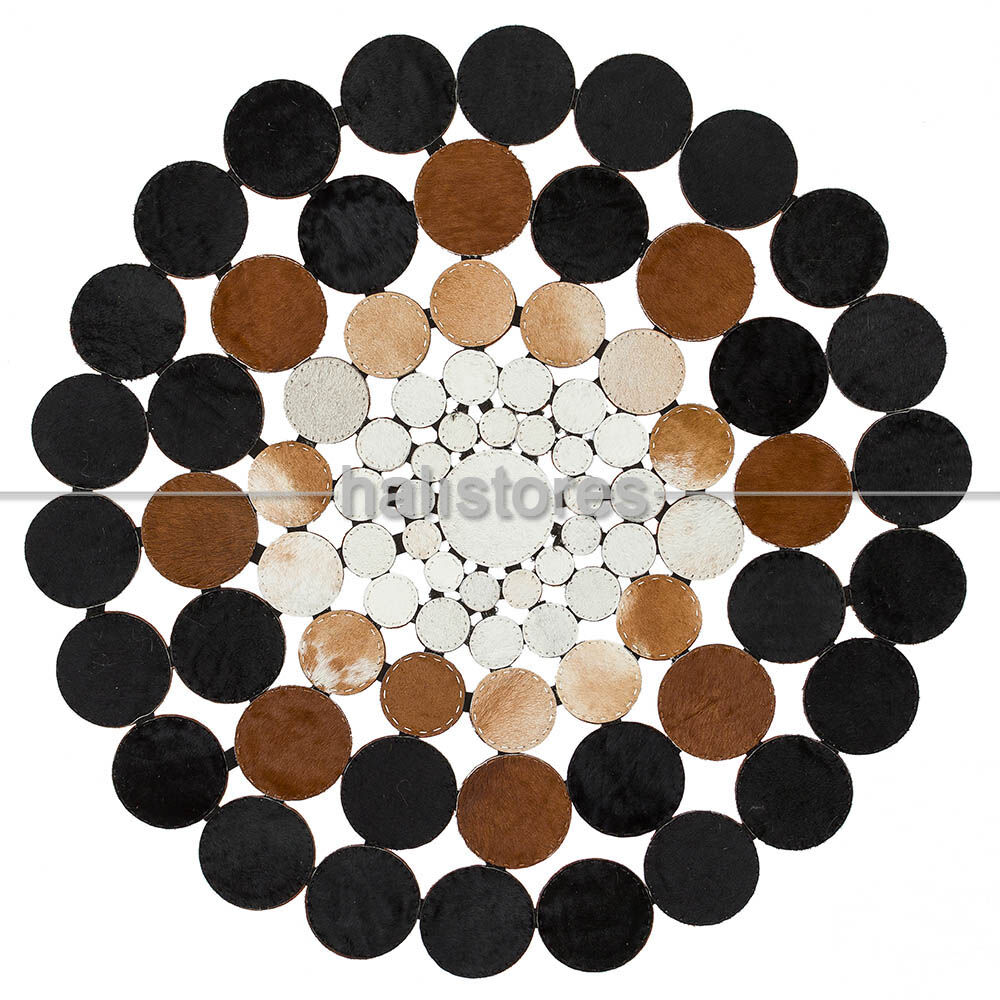 Koyu Kahve-Krem Yuvarlak Deri Patchwork Halı