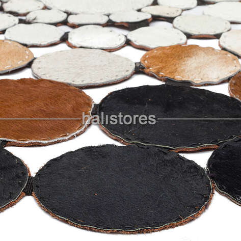Koyu Kahve-Krem Yuvarlak Deri Patchwork Halı - 3