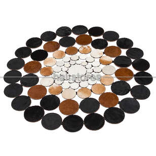 Koyu Kahve-Krem Yuvarlak Deri Patchwork Halı (2)