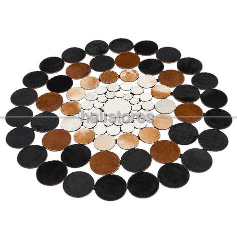 Koyu Kahve-Krem Yuvarlak Deri Patchwork Halı - 2