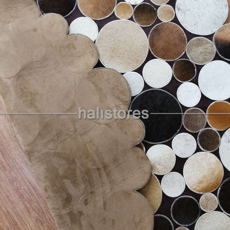Koyu Kahve Yuvarlak Deri Patchwork Halı - 6