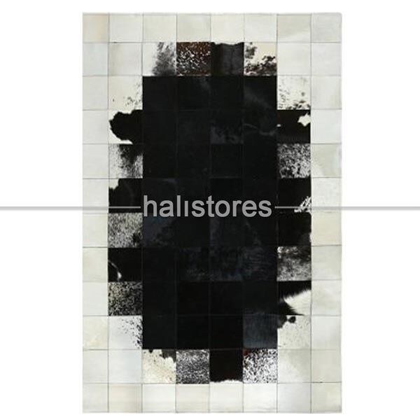 Krem Çerçeveli Siyah Geçişli Deri Patchwork Halı
