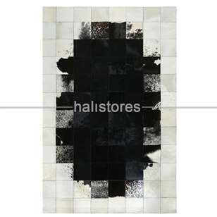 Krem Çerçeveli Siyah Geçişli Deri Patchwork Halı (1)