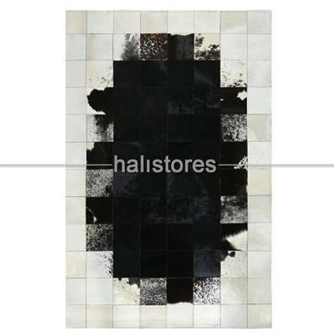 Krem Çerçeveli Siyah Geçişli Deri Patchwork Halı - 1
