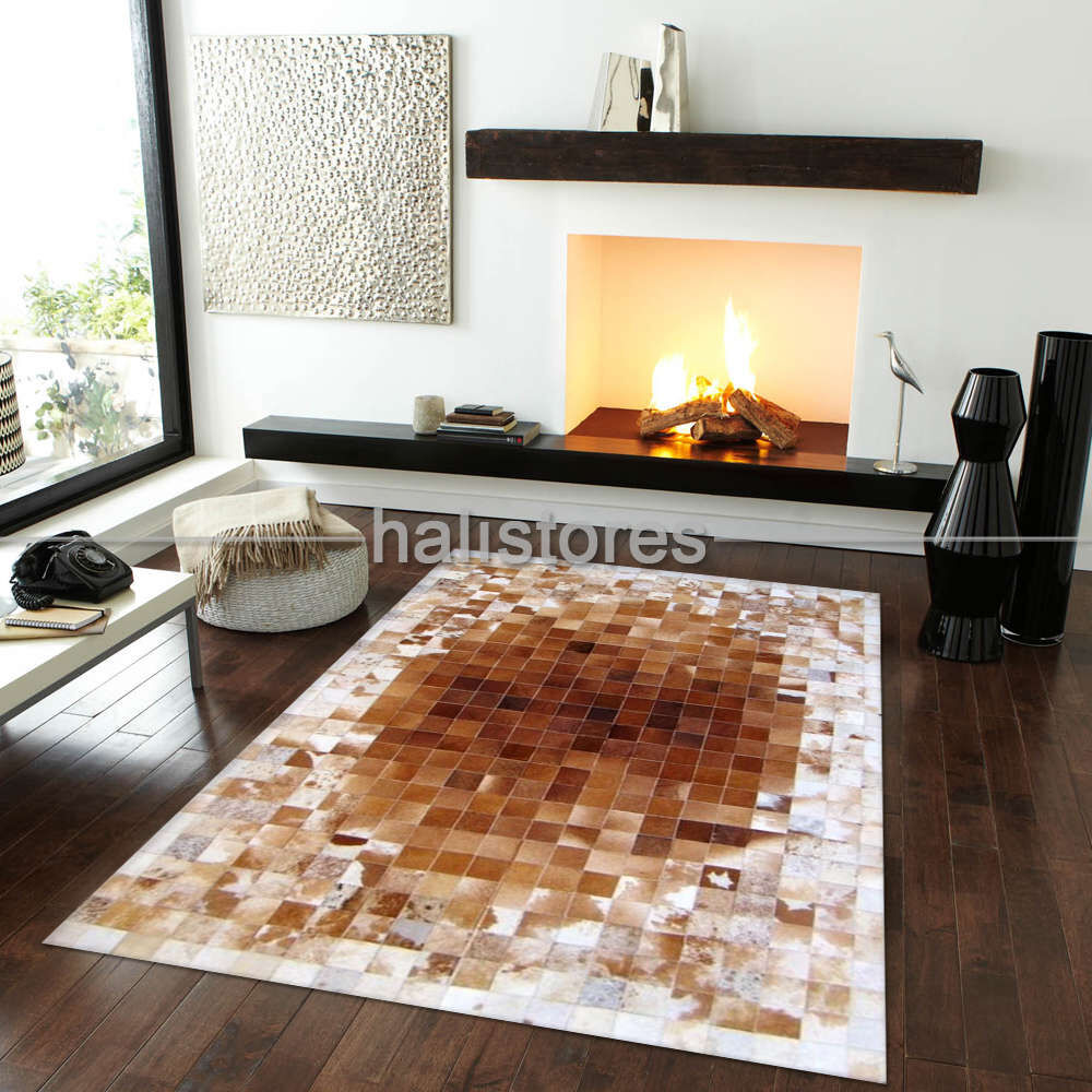 Krem-Kahve Deri Patchwork Halı