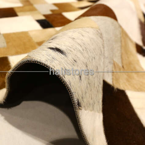 Krem-Kahve Detaylı Deri Patchwork Halı - 3