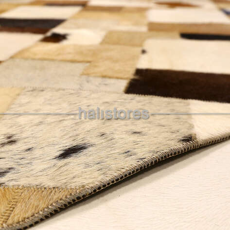 Krem-Kahve Detaylı Deri Patchwork Halı - 4