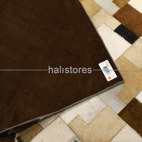 Krem-Kahve Detaylı Deri Patchwork Halı - 5