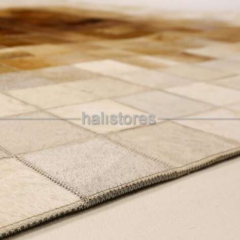 Krem-Kahve Geçişli Deri Patchwork Halı - 5