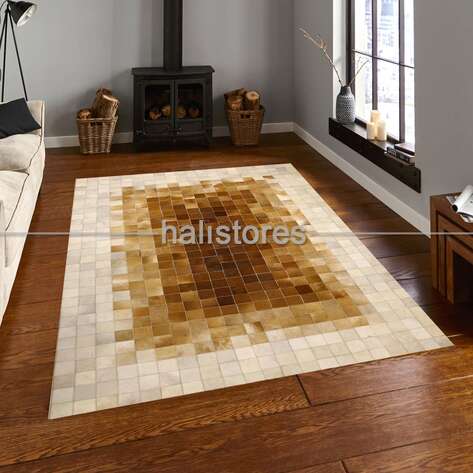 Krem-Kahve Geçişli Deri Patchwork Halı - 1