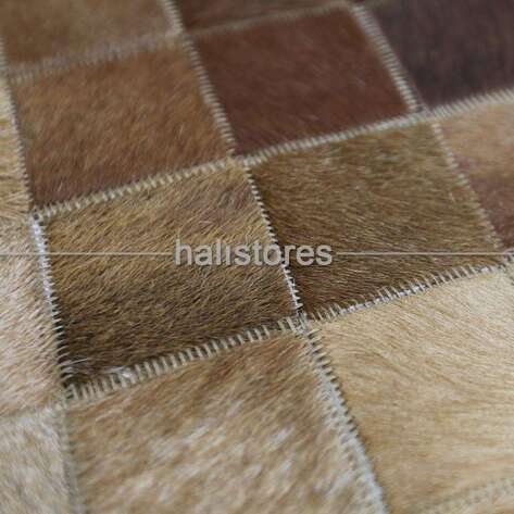 Krem-Koyu Kahve Deri Patchwork Halı - 5